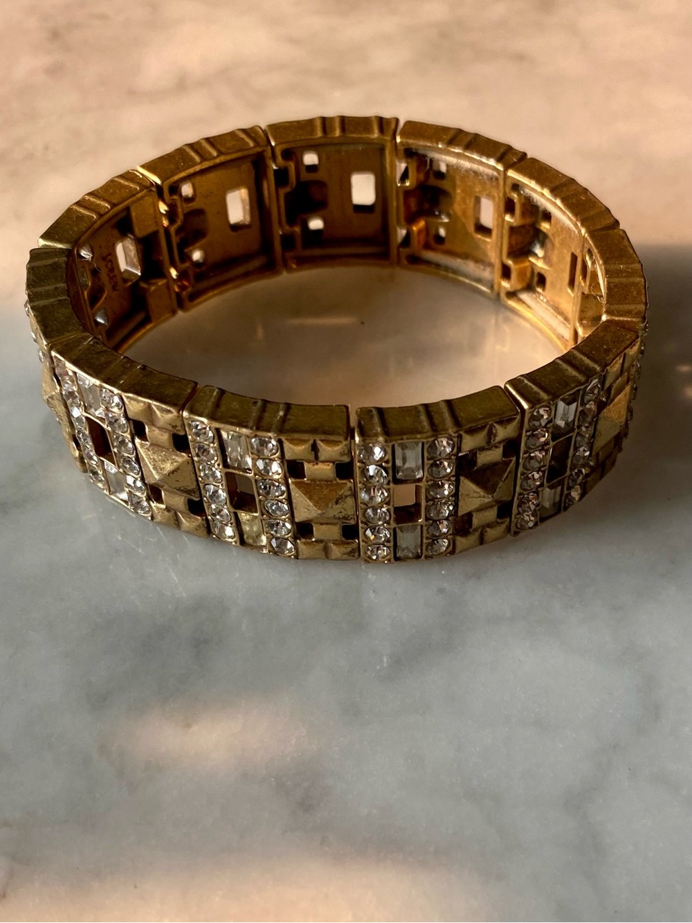 J. Crew Gold Tone Rhinestone Art Deco Stretch Statement Bracelet Pre-owned